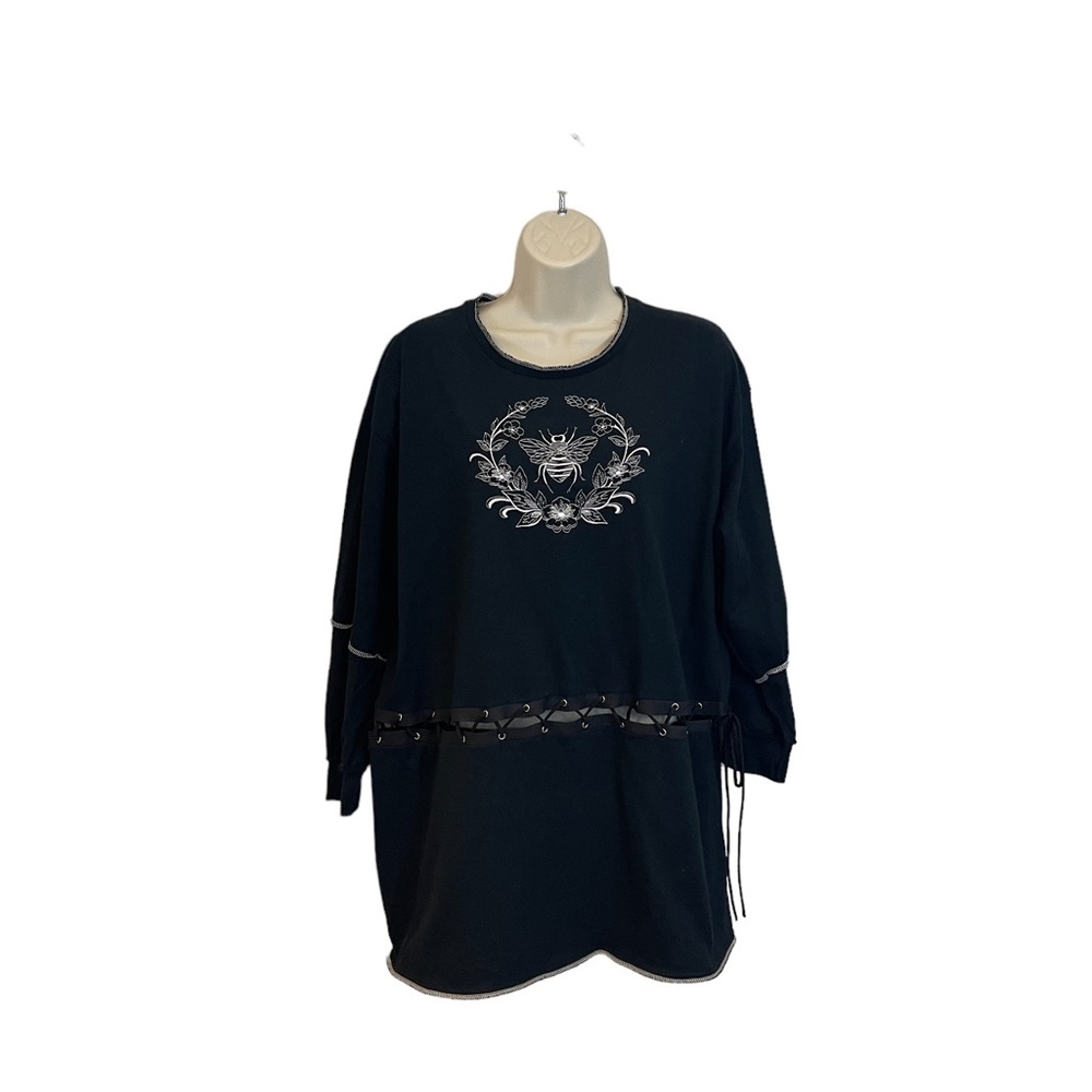 Hand crafted Embroidered bee T. Lace up feature OOAK black with white embroidery